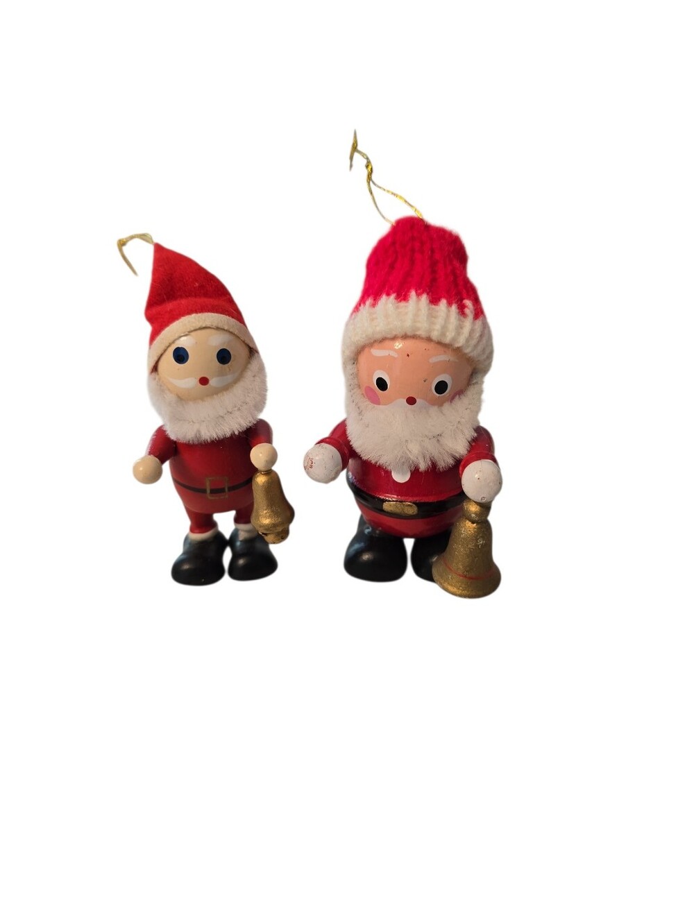 2 Small Vintage Wooden Santa Clauses with Bells Handpainted Christmas Ornaments